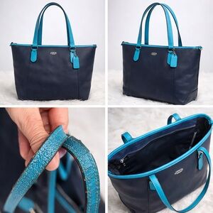 Coach Navy Leather Tote Bag Bright Blue Trim Shoulder Bag